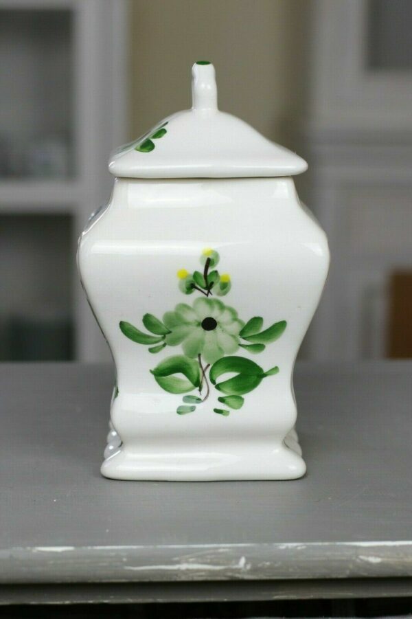 Deckeldose Vorratsdose Dose Zucker Handmade Keramik Blumen grün weiß Landhaus