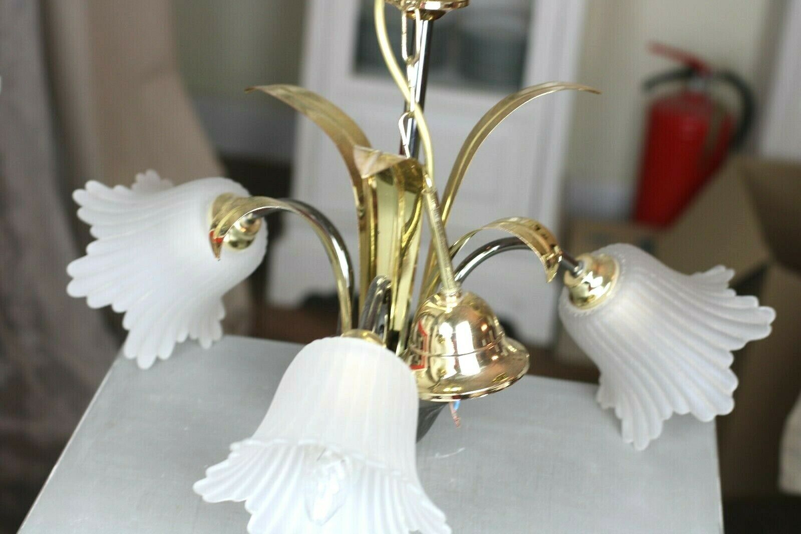 Deckenlampe Messing mit Glasprismen 70 cm Kronleuchter Plafoniere Florentiner 