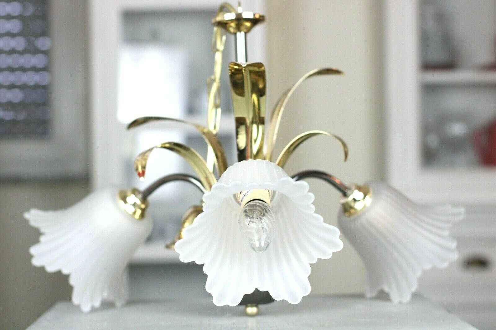 Lampe - Gold Kronleuchter Kaufhaus 3-flammig Vintage Messing Hängelampe | Glas True Lüster Twinka Florentiner
