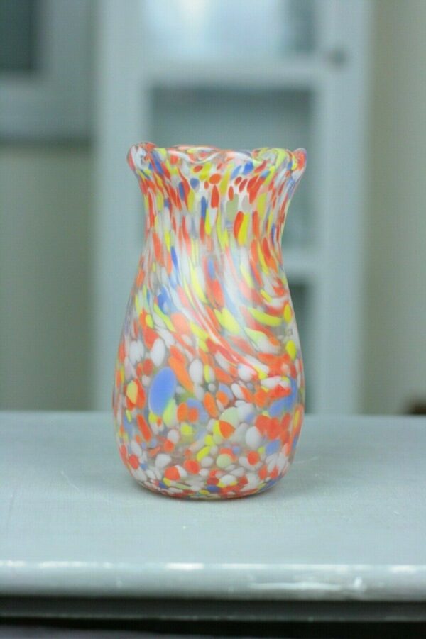 Glas Vase bunt Regenbogen 60er 70er Marmoriert Handarbeit gelb orange weiß blau