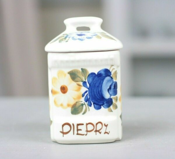 Keramik Deckeldose Gewürzdose Pieprz Pfeffer weiss blau Handbemalt Holland Polen