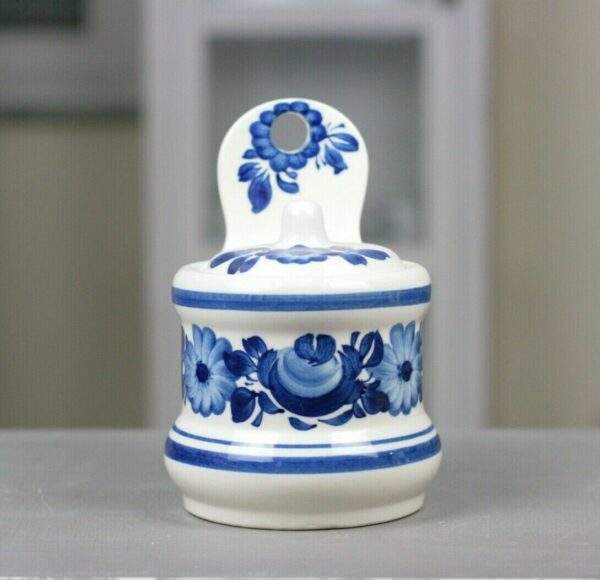 Keramik Wandbehälter Wand Deckeldose weiss blau Blumen Handbemalt Holland