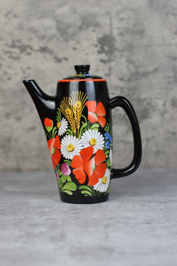 Chodovia Domazlice Kanne Kaffeekanne Schwarz Mohn Vintage Keramik Handbemalt