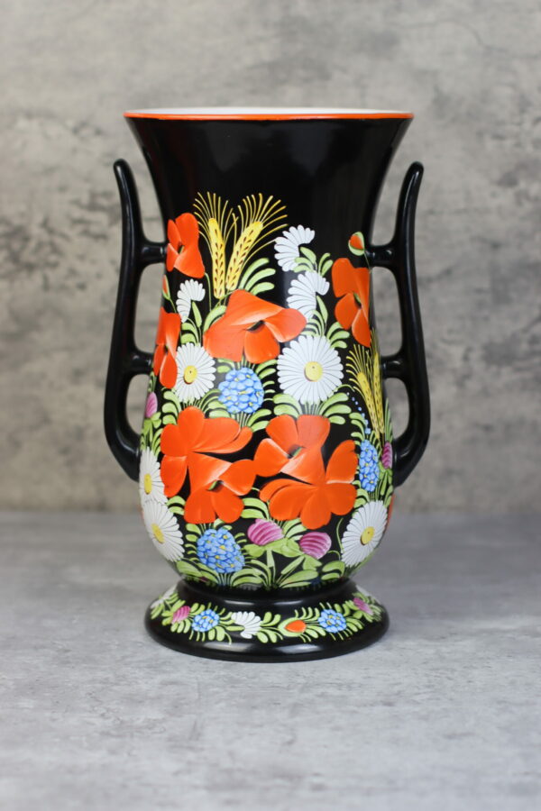 Chodovia Domazlice Vase Schwarz Mohn Vintage Keramik Handbemalt